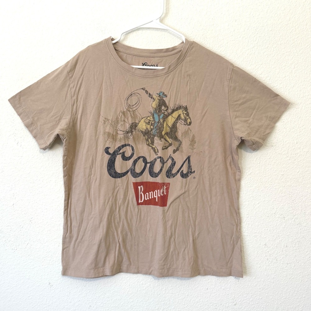 Coors Banquet Cowboy T Shirt Mens Large Tan Western Graphic Rodeo Beer Tee